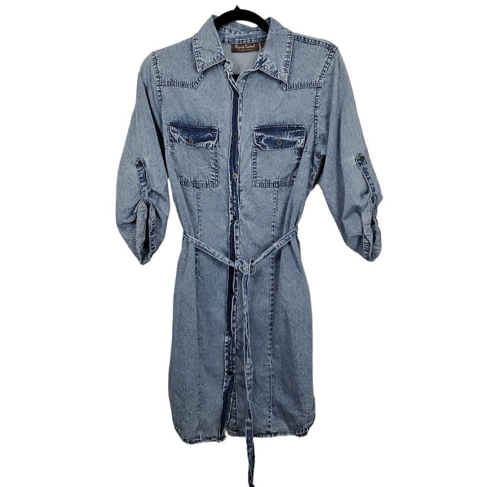 💥343 Speed Control New York Washed Button Down Belted Denim Mini Dress